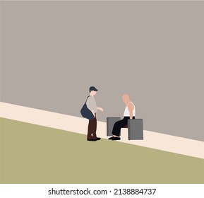 Two senior Caucasian men talking  at park in autumn or summer day. People leisure activity concept side view copy space. Vector illustration. Gossip on break.