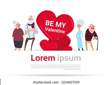 Two Senior Couples Over Heart Shape Happy Valentines Day Template Banner Flat Vector Illustration