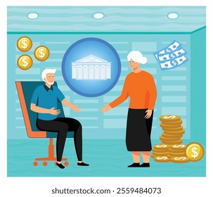 Two senior individuals conversing about financial matters amidst monetary symbols and bank imagery. Flat vector modern illustration 