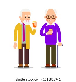Two senior men with canes stand and drink coffee. Pensioners relax with help of hot drinks. Businessmans with cup of coffee during break. Illustration of people characters isolated in flat style.
