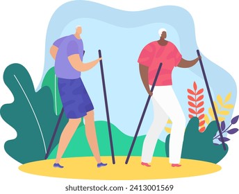 Two senior men hiking with walking sticks, one is bald, another is wearing a hat. Friendship and active elderly lifestyle. Outdoor leisure activity vector illustration.