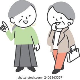 Two senior women walking while talking.