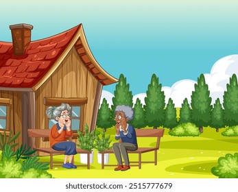 Two seniors chatting outside a cozy wooden house