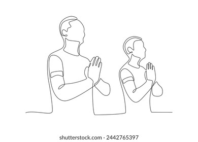 Two seniors doing yoga.Seniors Community one-line drawing