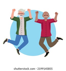 two seniors jumping happy, peaceful retirement concept, International Day of the Elderly with seniors celebrating.