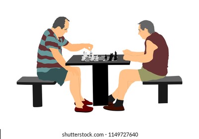 Two seniors man playing chess game outdoor in park vector illustration isolated. Brain sport strategy. Free time retail people. Mature friends hobby entertainment. Smart move. Grandpas fun.