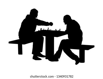 Two seniors man playing chess game outdoor in park vector silhouette. Grandpas friend entertainment. Free time for friendly mature people. Mind recreation board game. Smart move. Retails friendship.