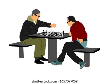 Two seniors man playing chess game outdoor in park vector illustration isolated. Brain sport strategy. Free time retail people. Mature friends hobby entertainment. Smart move. 