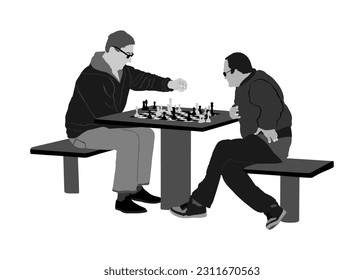 Two seniors man playing chess game outdoor in park vector illustration isolated on white background. Brain sport strategy. Free time retail people. Mature friends hobby entertainment. Smart move. 