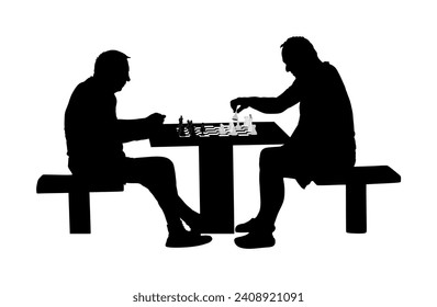 Two seniors man playing chess game outdoor in park vector silhouette. Grandpas friend entertainment. Free time for friendly mature people. Mind recreation board game. Smart move. Retails friendship.