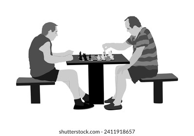 Two seniors man playing chess game outdoor in park vector illustration isolated on white background. Brain sport strategy. Free time retail people. Mature friends hobby entertainment. Smart move. 