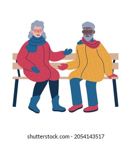 Dos mayores con abrigos cálidos de invierno sentados en un banco y conversando amistosamente. La acogedora escena de invierno al aire libre. Ilustración vectorial aislada de estilo plano.