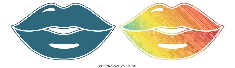 Two sensual mouths, colorful scribble, vibrant shades, elegant outline, isolated on white background.