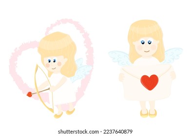 Dos lindos ángeles cupido separados con una proa y una flecha, una carta en sus manos.