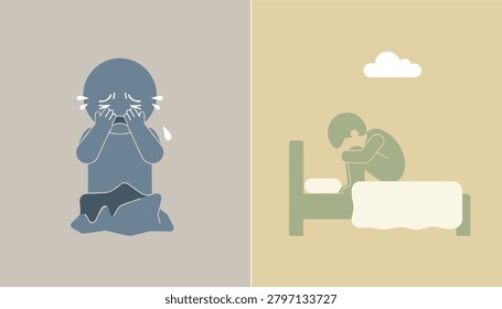 Two separate panels portraying the profound sadness and loneliness of clinical depression during sleepless nights.