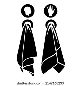 Two separate towels for hands and for the head, hanging on rings with denoting symbols. Sanitary simple style black detailed logo icon vector black illustration isolated.