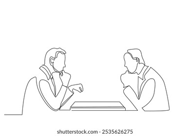 two serious male friends businessman playing chess making strategy plan one line art design vector