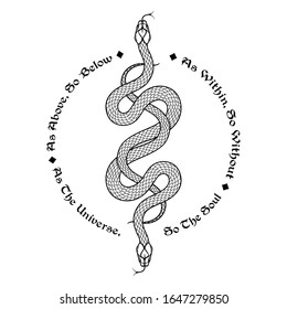 Two serpents intertwined. Inscription is a maxim in hermeticism and sacred geometry. As above, so below. Tattoo, poster or print design vector illustration