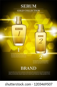 Two serum on shining lights and overlapping gold hexagons background