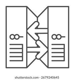 Icono isométrico de dos servidores, concepto de tecnología de la información. Gráficos de Vector. Casos del ordenador con las flechas entre, muestra del intercambio de datos en el fondo blanco, icono del estilo del contorno para el móvil o el Diseño web