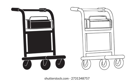 Dos Carritos de servicio sobre ruedas con estantes se muestran uno al lado del otro en negro y el otro en contorno aislado sobre fondo blanco