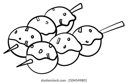 Two servings of dango dumplings covered in sauce side view hand drawn outline vector illustration. Isolated on white background