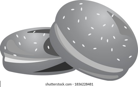 Two sesame seed burger buns. Grayscale image of food. Vector illustration isolated on white background.