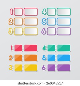 two set of blank colorful paper speech bubbles and 1-6 number buttons in flat style. vector.