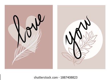 Two set of boho neutral pink wall art. Love you line art of wall decor. Fur, love icon and plant Minimalist design concept. Romantic wall art to celebrate Valentine's day.