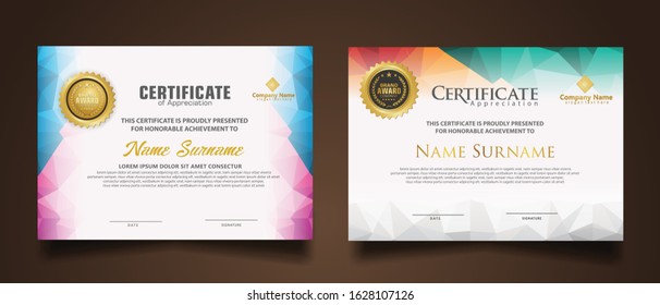 Two set certificate template with dynamic and futuristic polygonal color and modern background.