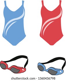 two set of a conventional swimming wear in blue and read. Swimming goggles with same color included