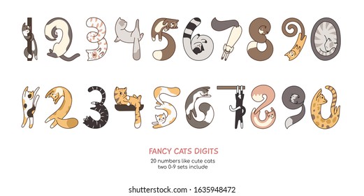 Two set of cute numbers like cats characters in kawaii style. Cartoon vector illustration. Creative font design. Hand-drawn and isolated on white background. From zero to nine (0-9). Math symbols.