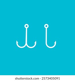 Two set of different shape of fishing hook isolated on blue background. Fishing hook icon. Professional hobby, catch fish.angler.Fish hook icon.Fishhook, angler, trap, metal sharp fishing equipment. 