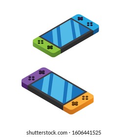 two set handheld, gadget, nintendo switch, portable gaming colorful case with white background illustration in isometric editable vector icon 