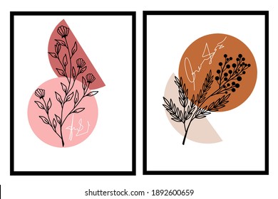 Two set of line art flowers wall art with neutral color. Cute, boho and Scandinavian wall decor. Vector Ilustration design for Minimalist home, office, cover, poster, social media and wallpaper.