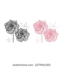 Two set Nice Roses Vector artwork coloring page, coloring book, leaves, black outline hand drawn sketch. Vector element for natural, wedding design, plant, botanical illustration, coloring book, line 