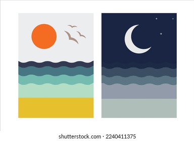 Dos conjuntos de escenas abstractas de la playa, con luna y sol. Concepto de diseño minimalista. Ilustración vectorial.