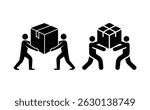 Two sets of black icons illustrate people carrying cardboard boxes. One set shows a single person carrying a box, and the other, two people sharing the load.