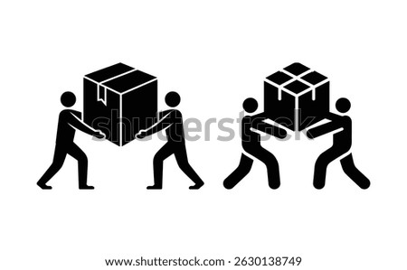 Two sets of black icons illustrate people carrying cardboard boxes. One set shows a single person carrying a box, and the other, two people sharing the load.