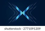 Two sets of blue neon chevrons converge at a central point, symbolizing a high-speed digital transfer within a global business network. business graphic features an arrow-like design, representing the fluid exchange of digital assets and finance data.