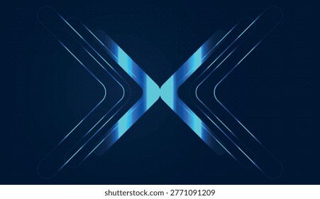 Two sets of blue neon chevrons converge at a central point, symbolizing a high-speed digital transfer within a global business network. business graphic features an arrow-like design, representing the fluid exchange of digital assets and finance data.