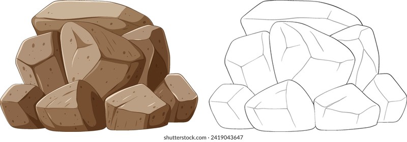 Dos conjuntos de rocas tipo caricatura en arte vectorial
