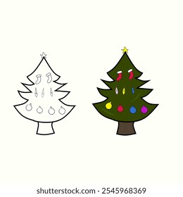 Two Sets of Christmas trees of different shapes with garlands, balls and toys. Christmas tree jpg flat style illustration on white background.