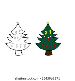 Two Sets of Christmas trees of different shapes with garlands, balls and toys. Christmas tree jpg flat style illustration on white background.