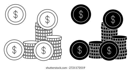 Se representan dos Conjuntos de monedas, una delineada y otra silueteada. Cada moneda cuenta con un signo de dólar.