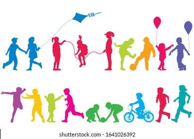 Two sets of colored silhouettes of children playing