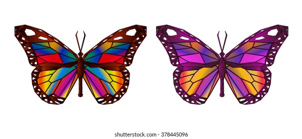 Two sets of colorful polygonal mosaic flying butterflies.  