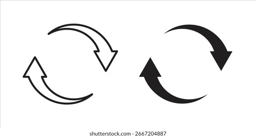 Dos Conjuntos de flechas curvas, una delineada y otra llena, girando en direcciones opuestas, aisladas en blanco.