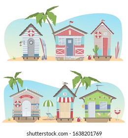 Two sets depicting beach stilt houses. Vector illustration