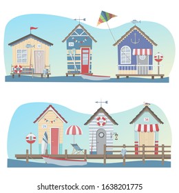 Two sets depicting beach stilt houses. Vector illustration